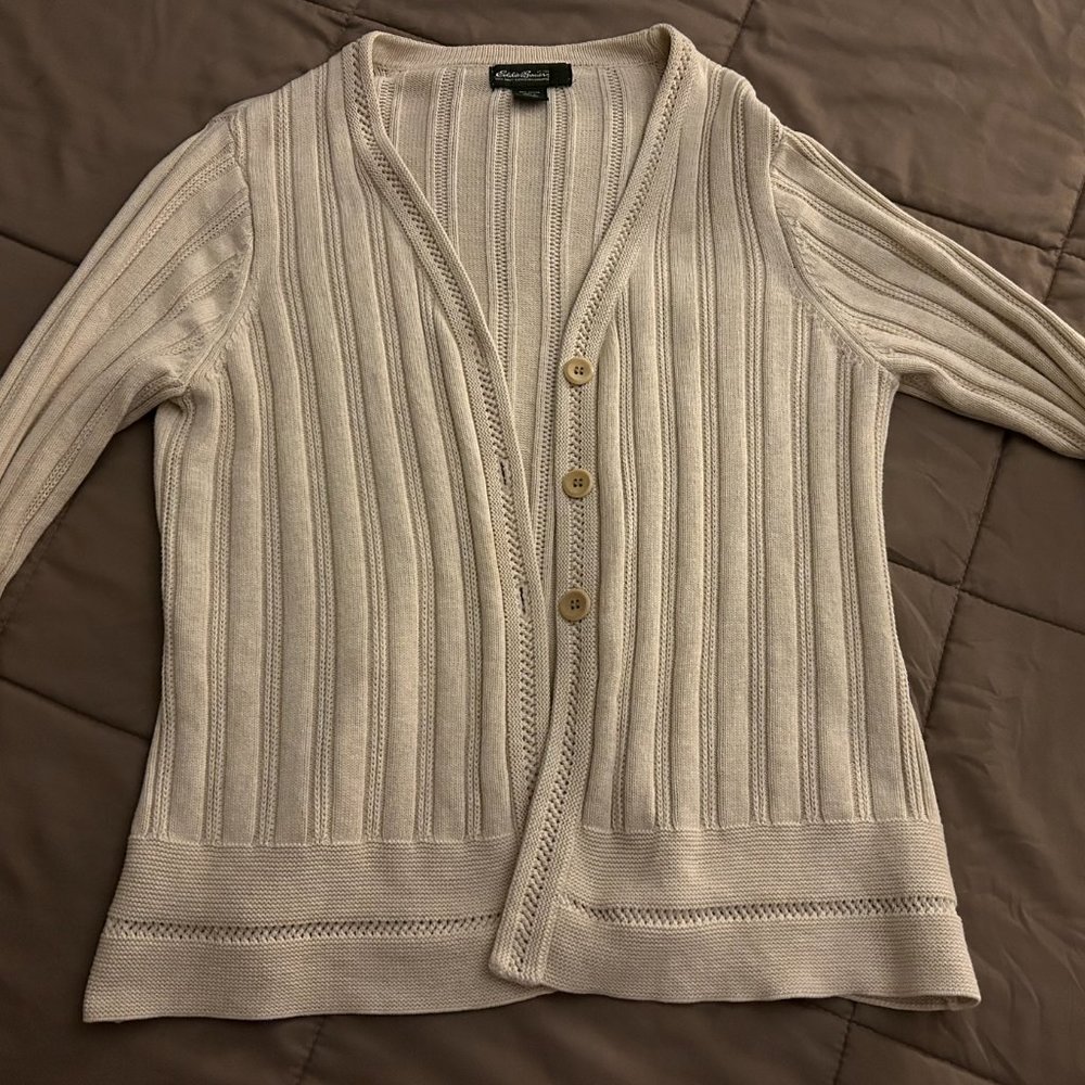 Eddie Bauer Button up Sweater, Size XL, Beige 100% Cotton